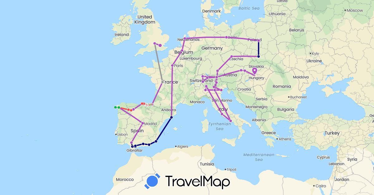 TravelMap itinerary: driving, bus, plane, train, hiking in Austria, Belgium, Switzerland, Czech Republic, Germany, Spain, France, United Kingdom, Hungary, Italy, Netherlands, Poland, Slovakia (Europe)